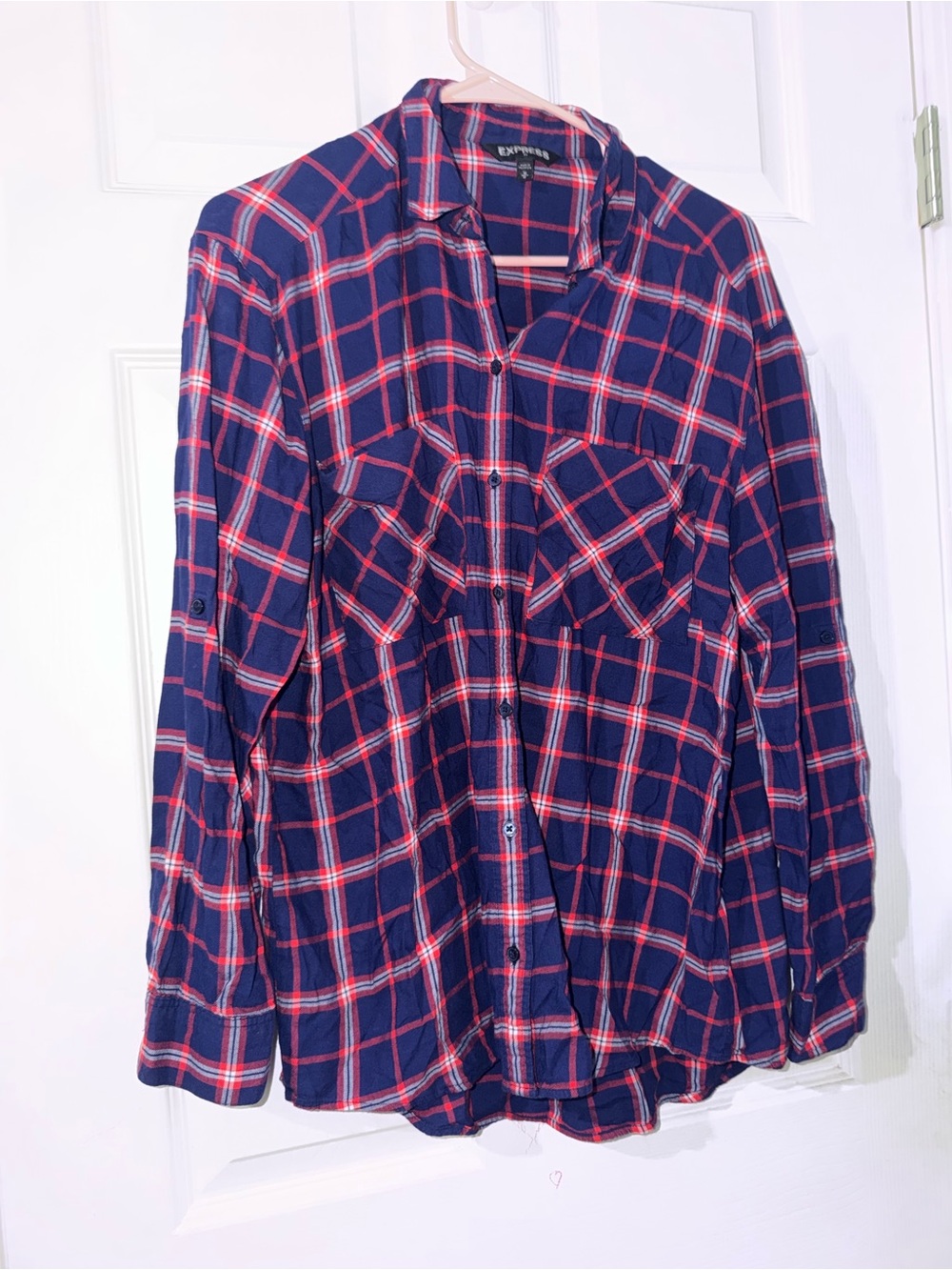 Express Navy and Red Plaid Button-Down Shirt